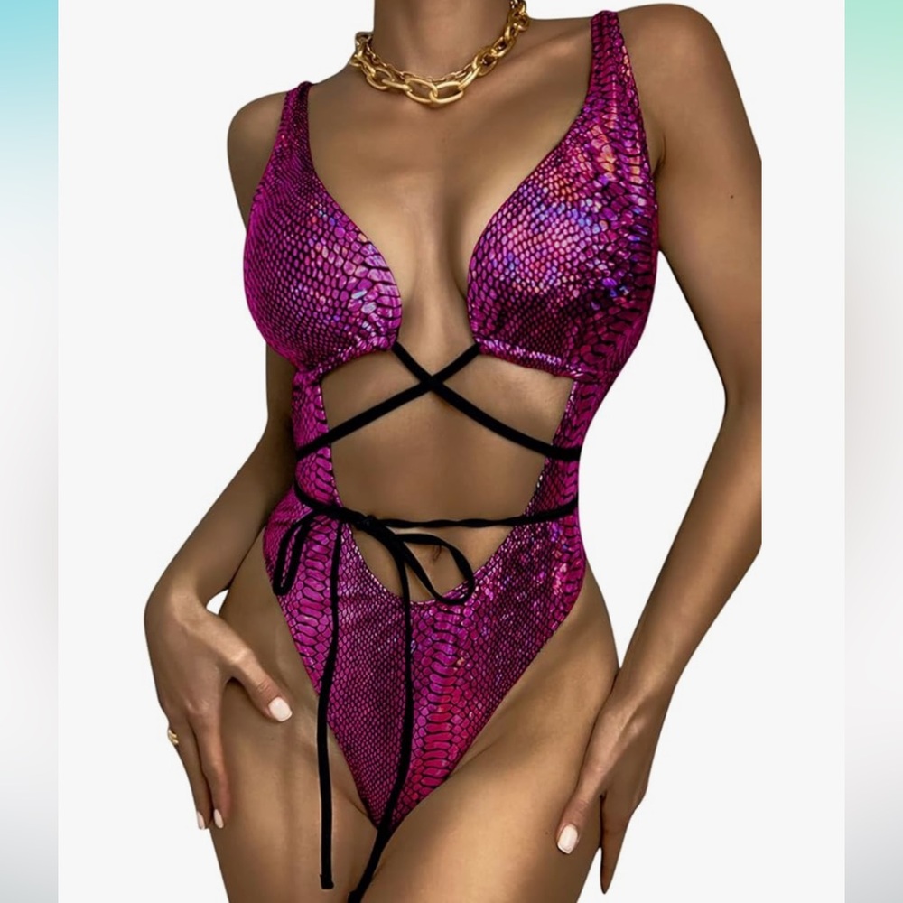Pink Holographic Snakeskin Wrap One-Piece Swimsuit